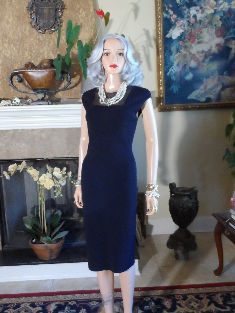 Akris Punto Navy Blue Sheath Dress Sheer Illusion Neck Size 8